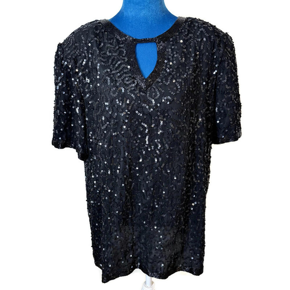 Vintage Joseph LeBon Black Sequined Blouse Top Short Sleeve